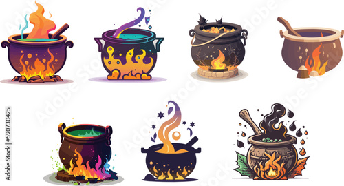 Vectors bundle of cauldron. Halloween spooky editable vectors