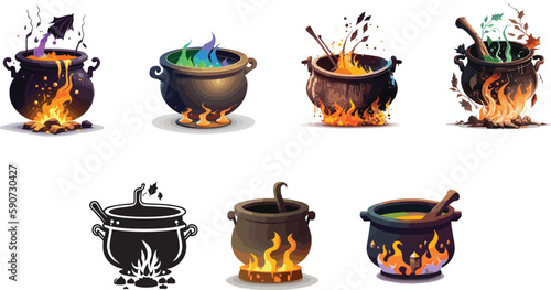 Vectors bundle of cauldron. Halloween spooky editable vectors
