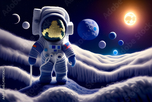 Illustration of cute astronaut in outer space. Toon and woolen fabrics animation movie style. generative ai. 