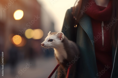 Urban Adventure: A Young Woman Taking Her Ferret for a Walk in the City