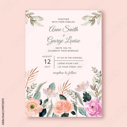 wedding invitation with pink peach floral watercolor border