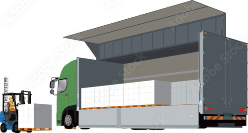 ウイングトラックとフォークリフトと荷物の積み込みのイラスト
