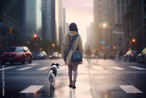 City Stroll with Canine Companion: A Woman and Her Dog Amidst Skyscrapers During Sunset