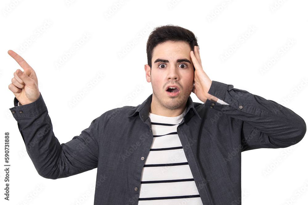 male young pointing out with the finger isolated in background white male young pointing out with the finger isolated in background white