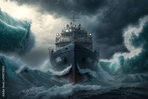 Waves crash on a ship in stormy weather. Generative AI