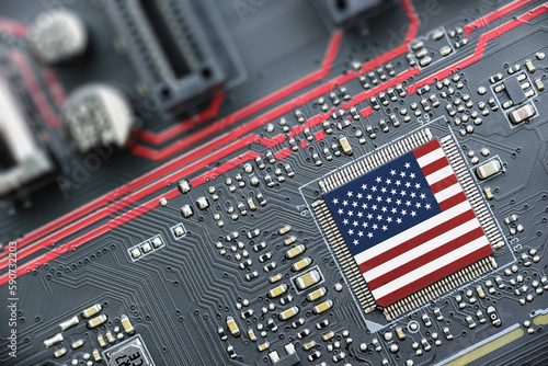 Obraz na plátne Flag of USA on a processor, CPU Central processing Unit or GPU microchip on a motherboard