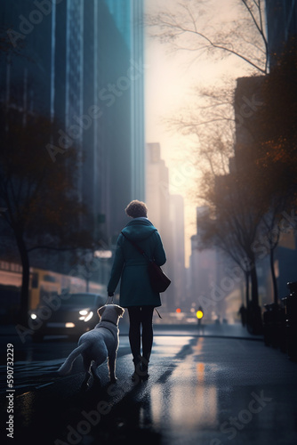 City Stroll with Canine Companion: A Woman and Her Dog Amidst Skyscrapers During Sunset © artefacti