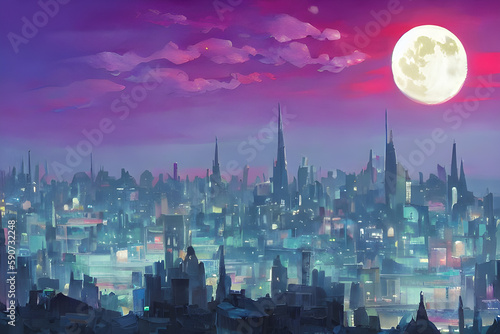 dreamy night city skyline with a giant moon