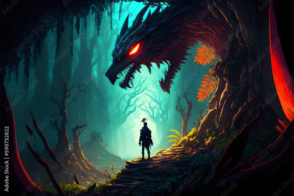 fantasy rainforest with black shadow dragon hiding behind trees