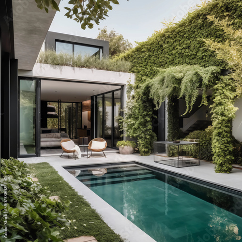 Beautiful Modern House with Small Pool in Garden - Luxury Living - Generative AI © balu