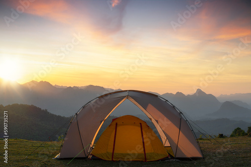 Orange tent in camping area in top at Tak, North of Thailand in winter season