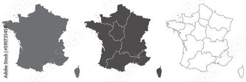 French map set with grey and white outline, administrative map. Transparent background 