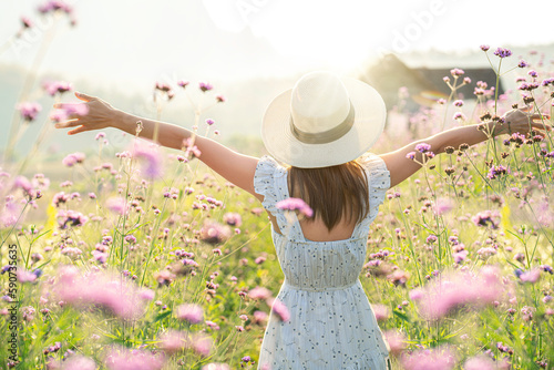 Flower in garden at Phu pha muak with asian woman traveller photo