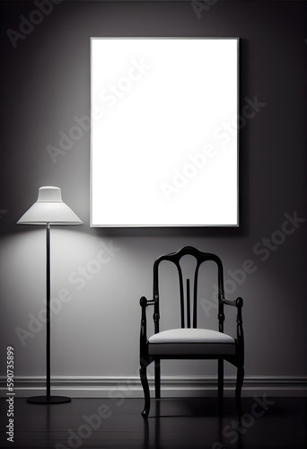 Illustration of a white frame hanging on a black wall in a room. AI Generative