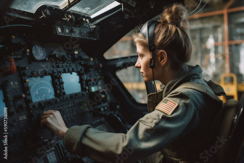 woman in traditional male dominant job - Army, Airplane technician. Generative AI
