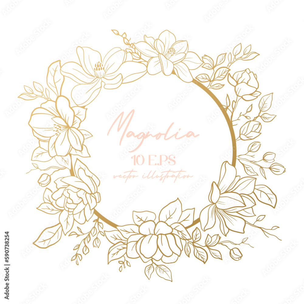 Wedding or party invitation template with gold round frame with magnolia flowers.