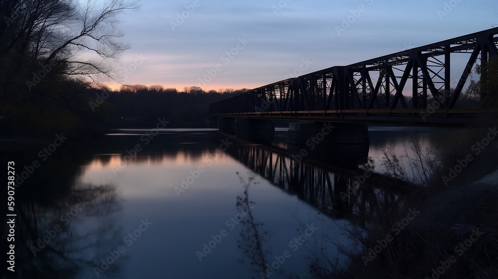 Golden Hour Reflection of Steampunk Rail Bridge in Autumn Water, Created Using Generative AI