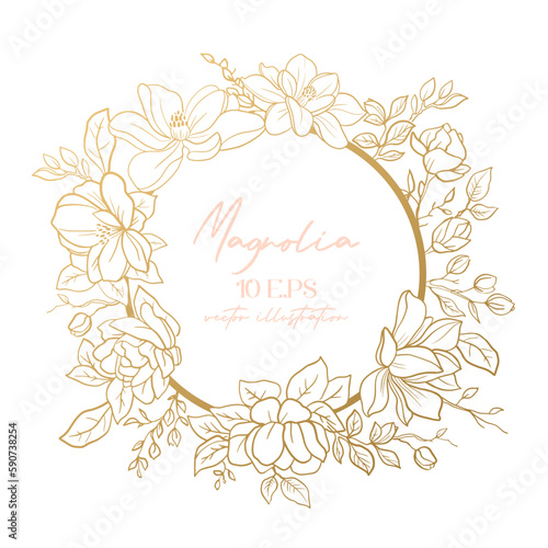 Wedding or party invitation template with gold round frame with magnolia flowers.