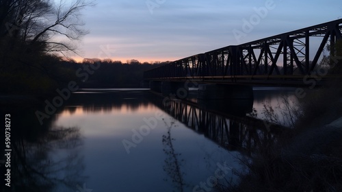 Golden Hour Reflection of Steampunk Rail Bridge in Autumn Water, Created Using Generative AI © OntheBrink