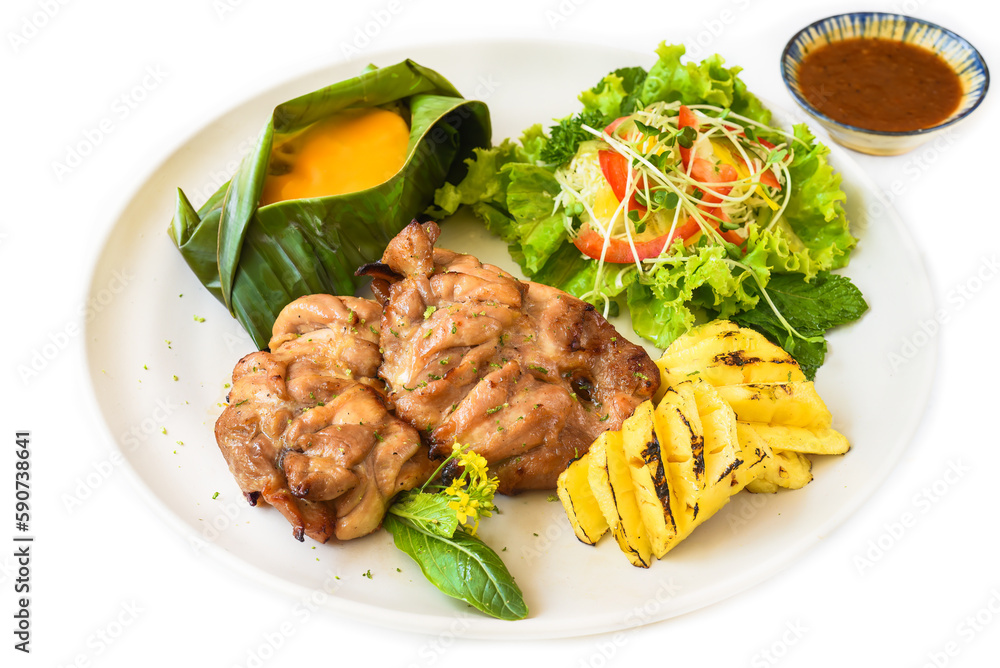 Vietnamese chicken boneless legs with baby corn under cheese, salad and grilled pineapple Vietnamese chicken boneless legs with baby corn under cheese, salad and grilled pineapple