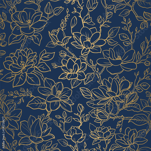 Seamless vector vintage gold floral pattern magnolia branches with flowers and leaves