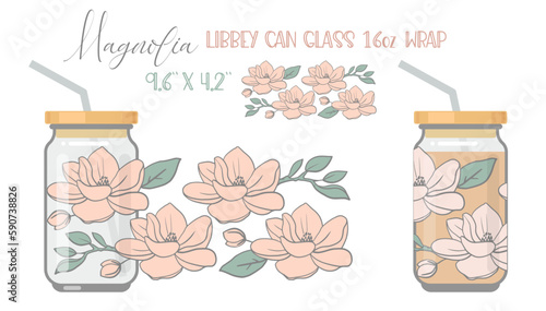Printable Full wrap for libby class can. Floral pattern with magnolia flowers