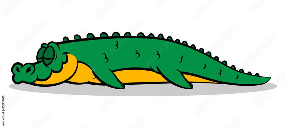 Naklejka premium Cartoon illustration of Saltwater crocodile sunbathing on the beach. Best for sticker, mascot, and logo with summer themes