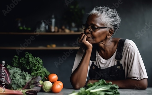 Senior dark-skinned black african american woman cooking healthy meal. Full, happy, and active senior live concept. Generative AI