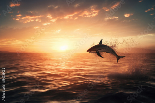 Experience the power and grace of a shark jumping out of the water against a stunning sunset backdrop in this captivating stock photo. AI Generative.