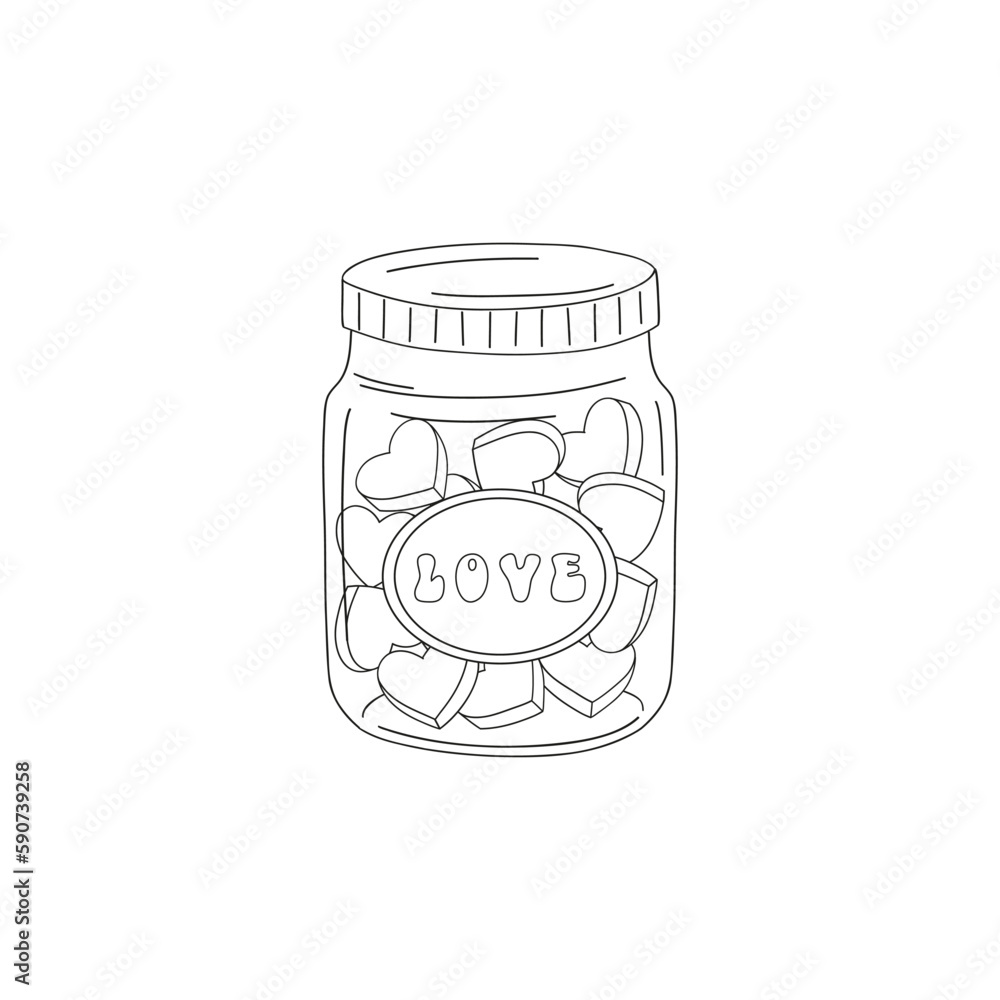 Groovy hippie love heart shaped pills in jar. Valentines Day graphics. Linear vector illustration isolated on white. Groovy hippie love heart shaped pills in jar. Valentines Day graphics. Linear vector illustration isolated on white.