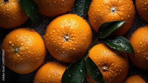 Oranges, adorned with glistening droplets of water. Generative AI