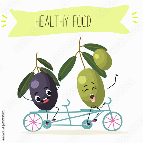 Illustration with funny characters olives. Funny and healthy food. Vitamins, cute face food, ingredients, vegetarian, vector cartoon, agriculture, raw.
