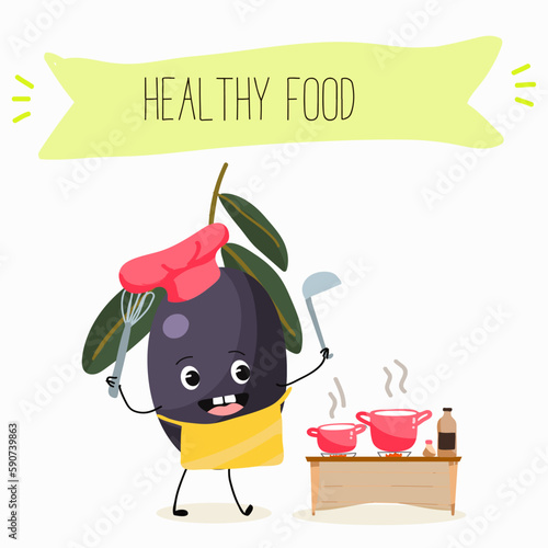 Illustration with funny characters olives. Funny and healthy food. Vitamins, cute face food, ingredients, vegetarian, vector cartoon, agriculture, raw.