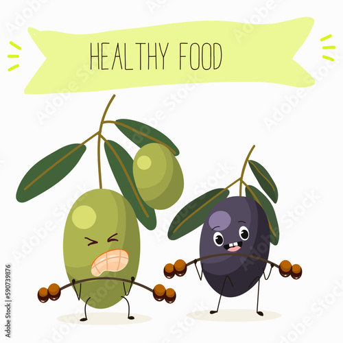 Illustration with funny characters olives. Funny and healthy food. Vitamins, cute face food, ingredients, vegetarian, vector cartoon, agriculture, raw.