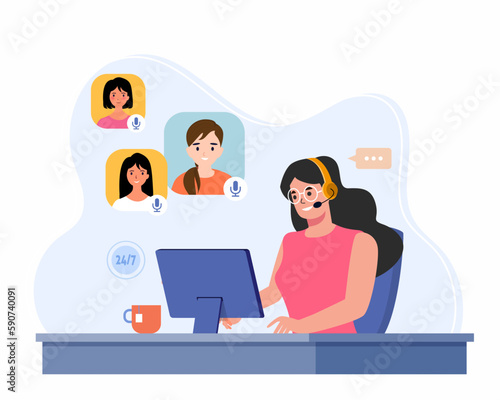 Customer service representative talking with customer in voice calling and solving the problem, concept of customer support or call center.
