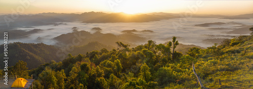 Orange tent in camping area in top at Tak, North of Thailand in winter season photo