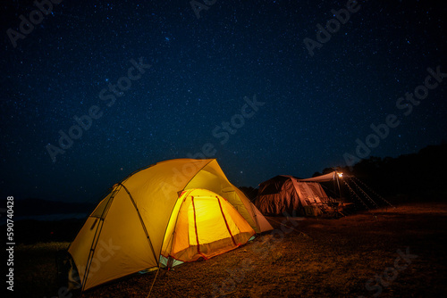 Tent in camping location at Mon Kalakojo with star and mountain view