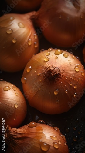 Onion, adorned with glistening droplets of water. Generative AI