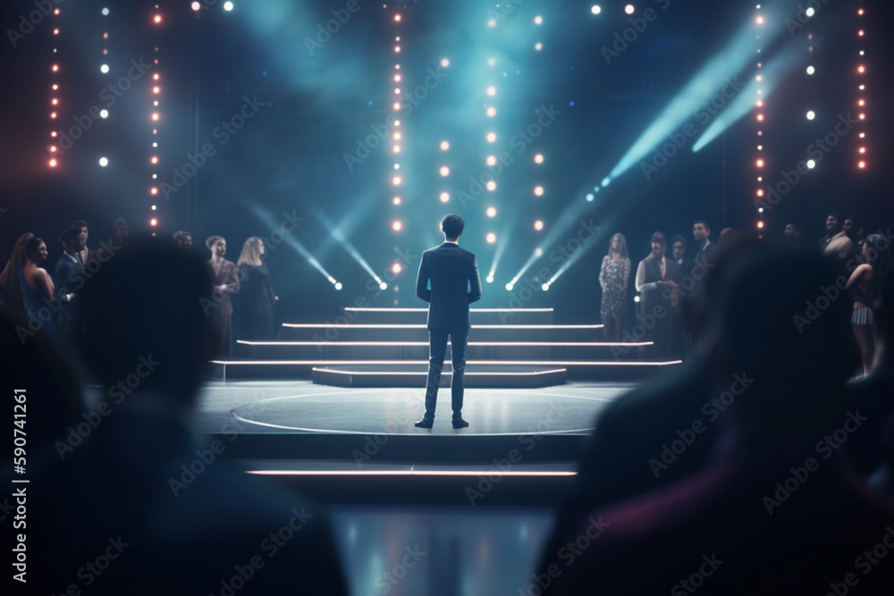 View from the Backstage: TV Show Host or Contestant on Stage - obrazy, fototapety, plakaty 
