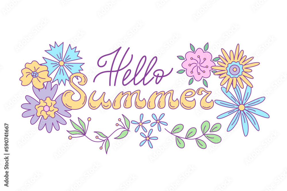 Hello Summer lettering decorated by floral design. Vector isolated color illustration in doodle style.