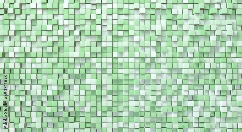 Random structure of cubes of different heights. Abstract geometric background in green and white colors. 3d render