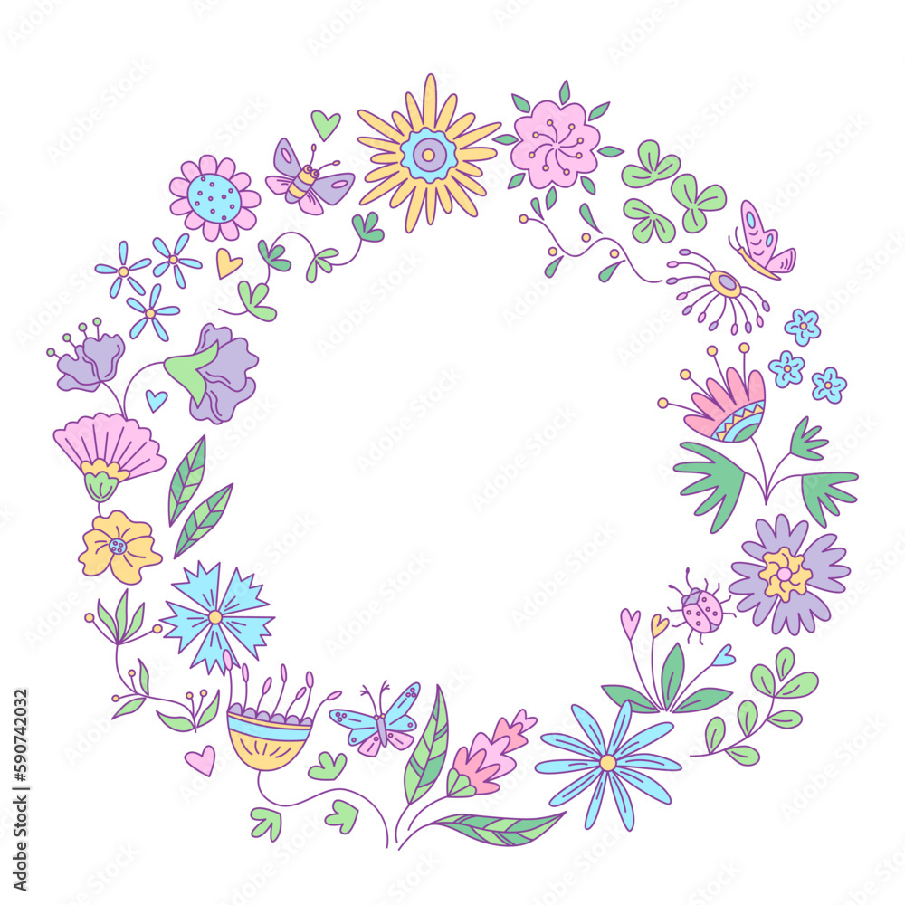 Round frame of floral design with butterflies. Vector isolated color illustration in doodle style. Round frame of floral design with butterflies. Vector isolated color illustration in doodle style.