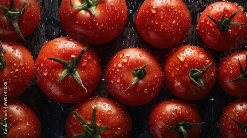 Tomatoes, adorned with glistening droplets of water. Generative AI