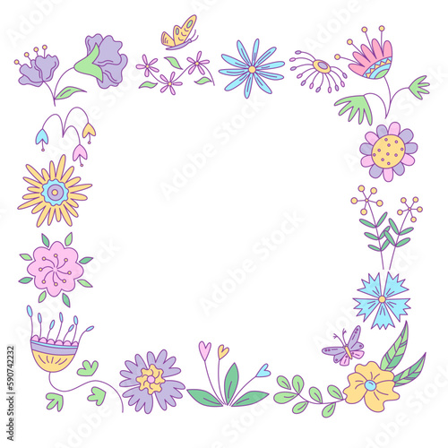 Square frame with floral design and butterflies. Vector isolated color illustration in doodle style.