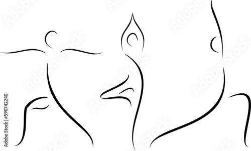 Image of a yoga posture. Line drawing of women's fitness concept, vector health illustration. Mindfulness fitness exercises. Woman yoga poses illustration. Line art of female posing. Elegant line art.