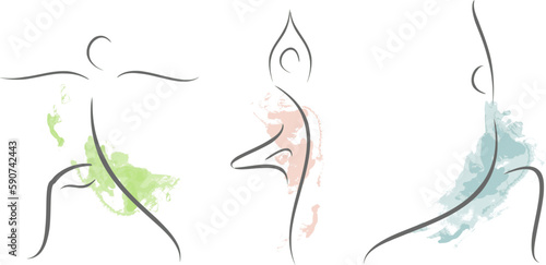 Image of a yoga posture. Line drawing of women's fitness concept, vector health illustration. Mindfulness fitness exercises. Woman yoga poses illustration. Line art of female posing. Elegant line art.