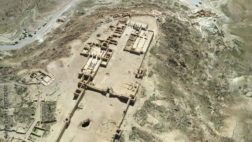 Avdat Nabatean city ruins in the Negev desert, Israel, aerial drone view 4k