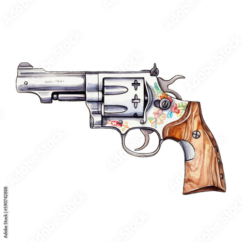 Watercolor cowboy pistol.Watercolor painting isolated on white background.Generative AI