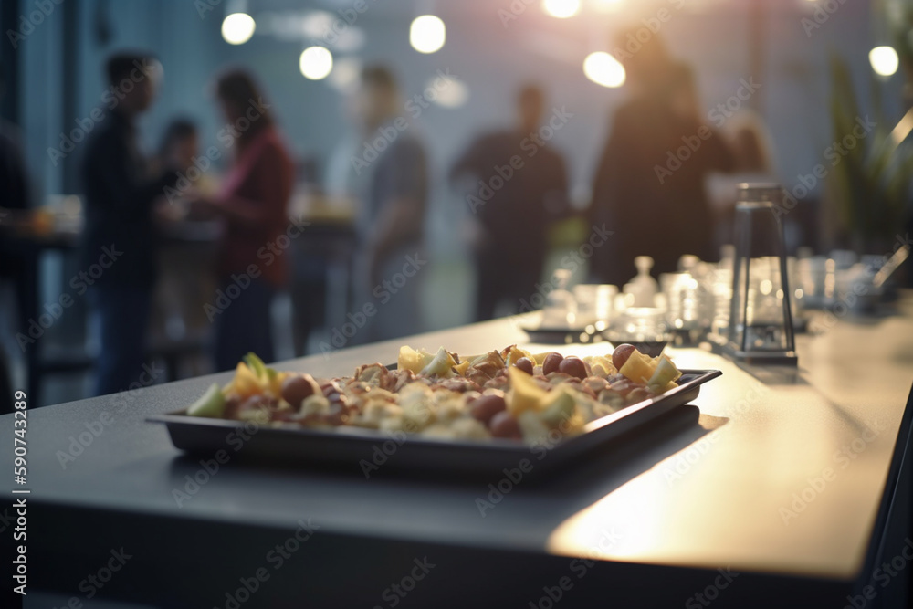 Business Conference Catering Buffet with Blurred Background of Professionals