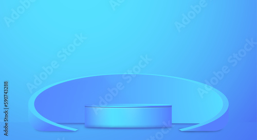 Realistic 3d blue cylinder pedestal podium. Abstract vector rendering geometric forms, blue background